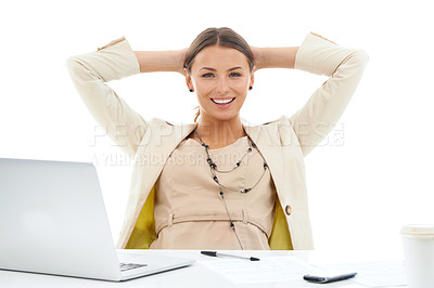 Buy stock photo Woman, portrait and corporate professional at laptop with confidence as marketing assistant, networking or consultant. Female person, face and smile in studio on white background, mockup or internet