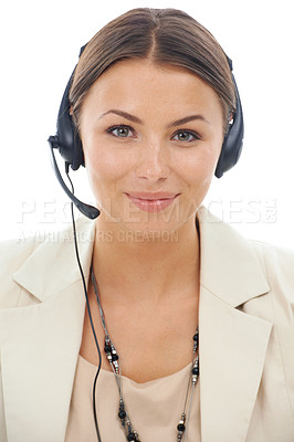 Buy stock photo Happy woman, portrait and headphones in call center for customer service or telemarketing on a white studio background. Face of female person, consultant or agent smile with headset for online advice