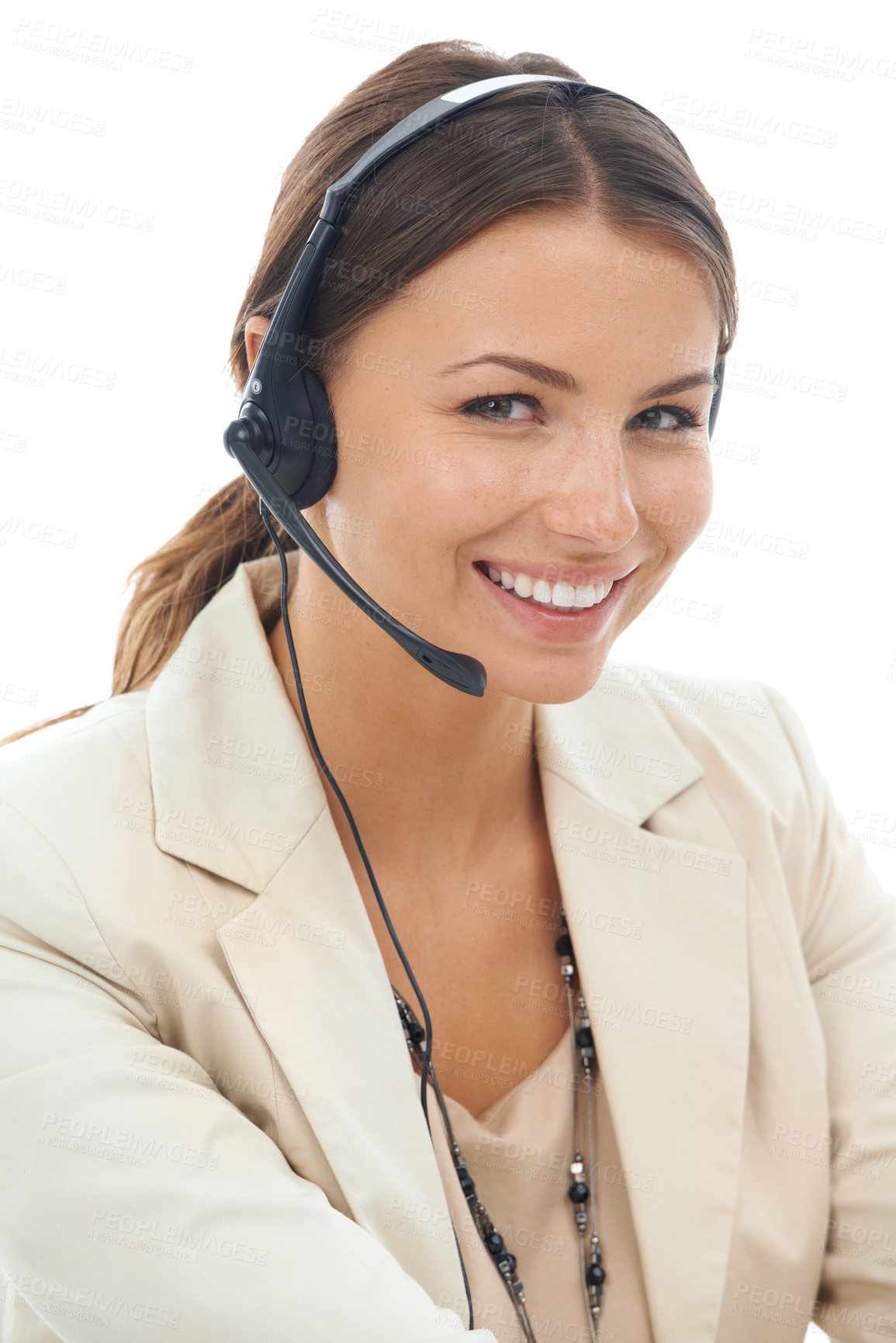 Buy stock photo Happy woman, portrait and headphones in call center for consulting or telemarketing on a white studio background. Face of female person, consultant or agent smile with headset for online help advice