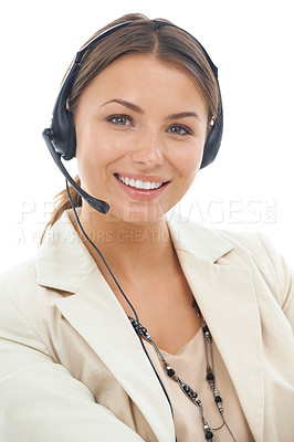 Buy stock photo Happy woman, portrait and headphones of consultant in call center for telemarketing on a white studio background. Face of female person, employee or agent smile with headset for online advice or help