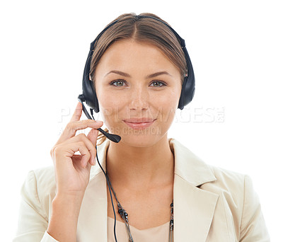 Buy stock photo Happy woman, portrait and consultant with headphones for telemarketing or customer service on a white studio background. Face of female person or agent smile in call center with mic for online advice