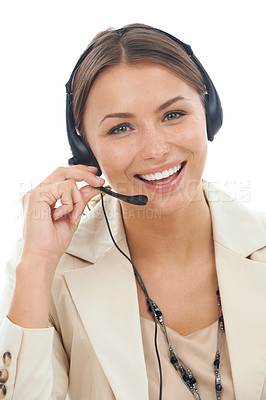 Buy stock photo Excited woman, portrait and headphones in call center for telemarketing or customer service on a white studio background. Face of female person or consultant agent smile with headset for online help