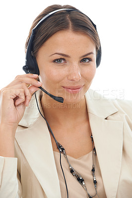 Buy stock photo Business woman, portrait and headphones in call center for telemarketing or customer service on a white studio background. Face of female person or consultant agent smile with headset for online help