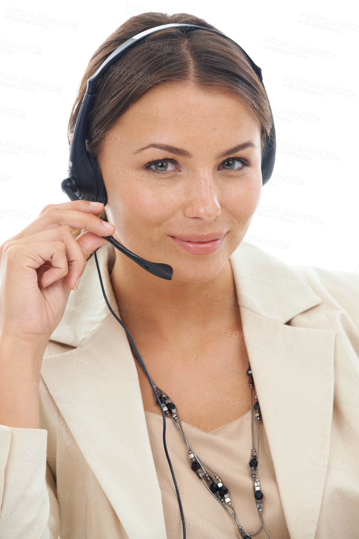 Buy stock photo Business woman, portrait and headphones in call center for telemarketing or customer service on a white studio background. Face of female person or consultant agent smile with headset for online help