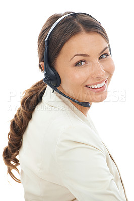 Buy stock photo Happy woman, portrait and face with headphones in call center for customer service on a white studio background. Female person, consultant or agent smile with headset and mic for telemarketing advice