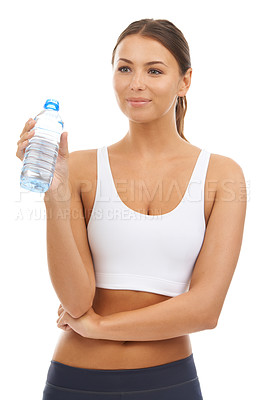 Buy stock photo Fitness, woman and water bottle in studio for exercise, energy and detox on white background. Happy athlete, thinking and drinking liquid for hydration, nutrition and sports diet for healthy training