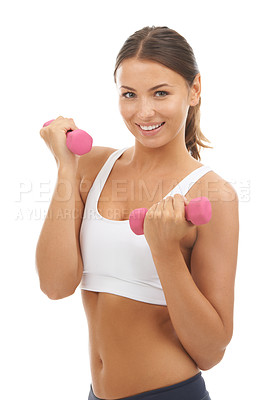 Buy stock photo Happy woman, dumbbells and portrait in studio for fitness, training and exercise workout on white background. Model, weights or strength for performance, action and power of biceps, muscles or energy