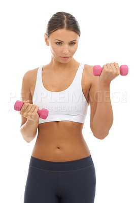 Buy stock photo Woman, dumbbells and weightlifting exercise in studio for healthy muscle, wellness or white background. Female person, equipment and fitness training for strong workout for gym, athlete or mockup