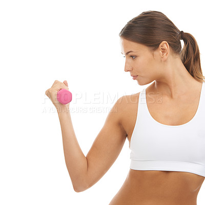 Buy stock photo Fitness, gym and woman in studio with dumbbell for workout, muscle training and body building. Healthy exercise, power  and commitment to improvement, strong girl weight lifting on white background.