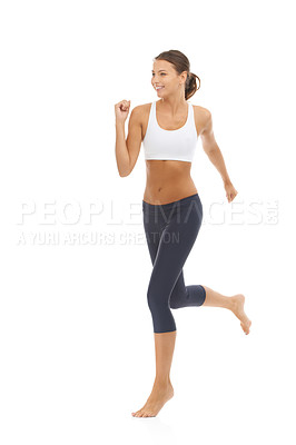 Buy stock photo Woman, smile and running exercise in studio for cardio fitness or training athlete for lose weight, mockup or white background. Female person, jog and sports workout for healthy body, gym or wellness