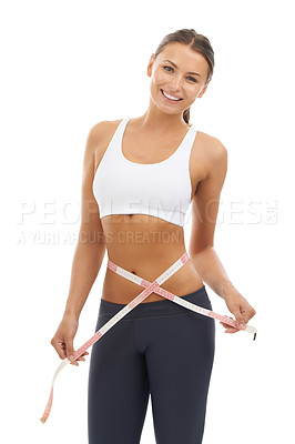 Buy stock photo Happy woman, lose weight and portrait with results on measuring tape in studio or white background. Fitness, check and person with measurement size of body for health, wellness and progress in goals