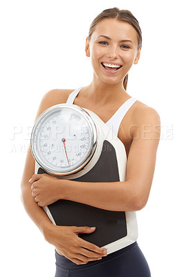 Buy stock photo Studio portrait, smile and woman with scale to track weight loss progress, exercise or body transformation goals. Wellness, slim and model pride in BMI, diet or fitness on white background
