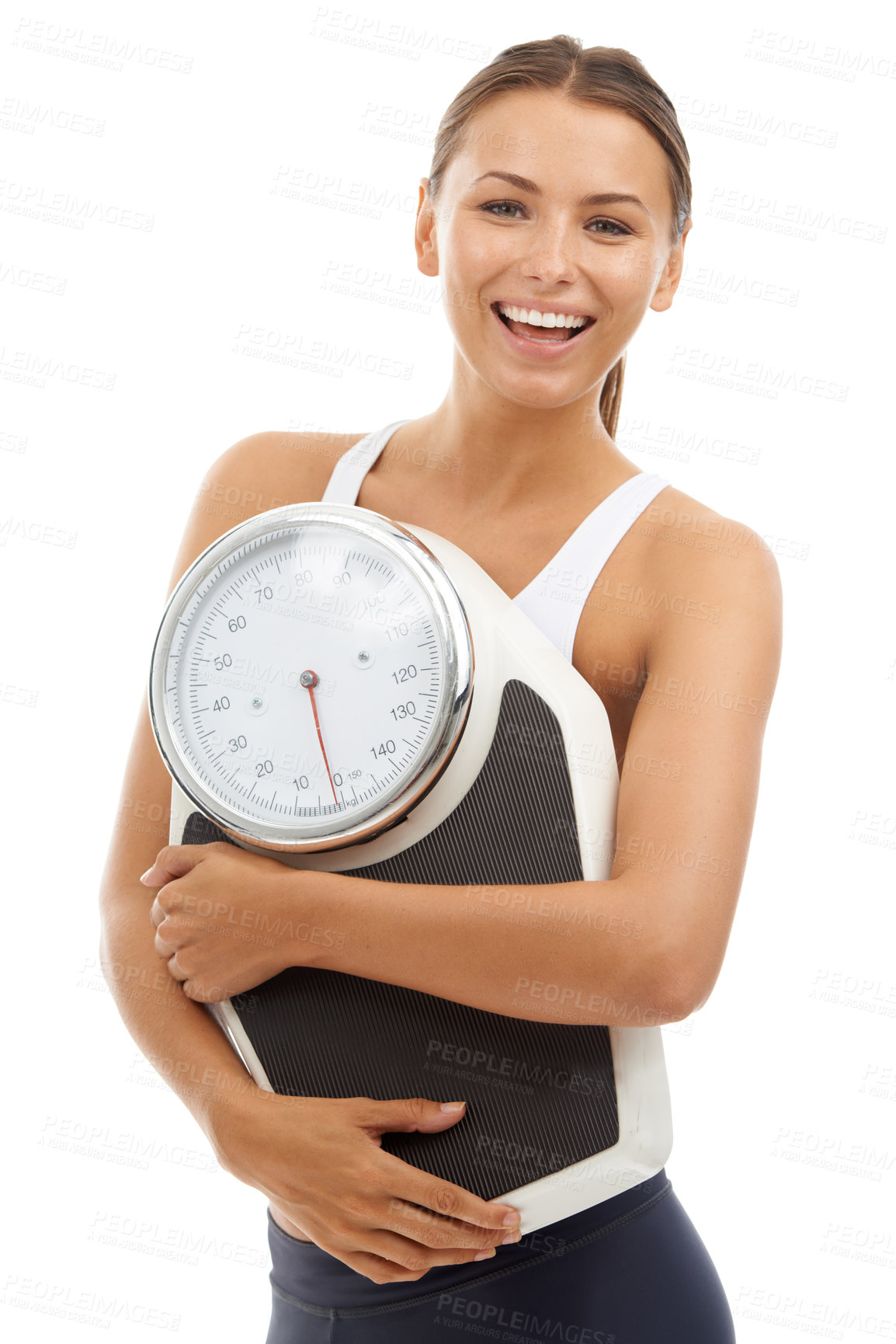 Buy stock photo Studio portrait, smile and woman with scale to track weight loss progress, exercise or body transformation goals. Wellness, slim and model pride in BMI, diet or fitness on white background