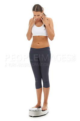 Buy stock photo Scale, problem and woman shocked with weight loss fail, bad exercise results and unhappy about workout progress. Studio, crisis and model check machine for mass, BMI or diet on white background