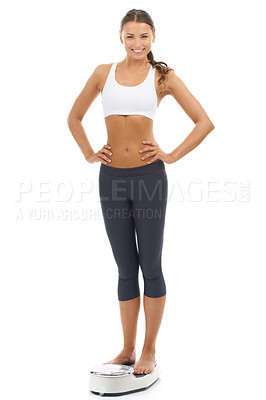 Buy stock photo Studio portrait, happy and woman with scale to track weight loss progress, healthy lifestyle change or body goals. Happiness, slimming and person smile for BMI, diet or fitness on white background