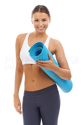 Buy stock photo Woman, portrait and yoga mat for smile fitness in studio for flexibility, exercise or training. Female person, face and white background for mockup space or self care wellness, performance or strong