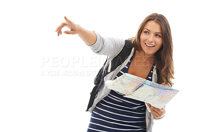 Buy stock photo A gorgeous woman holding a map and pointing towards something while isolated on white