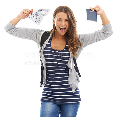 Buy stock photo A gorgeous young woman celebrating buying her plane tickets while isolated on a white background