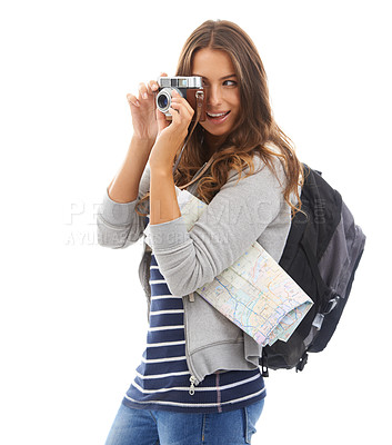 Buy stock photo Photography, travel and young woman in studio for photoshoot with camera for talent. Creative, art and female photographer tourist with map and dslr for media project isolated by white background.