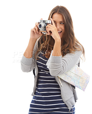Buy stock photo Photography, travel and young woman in studio working for photoshoot with camera. Tourist, creative and photographer sightseeing with map on vacation, holiday or weekend trip by white background.