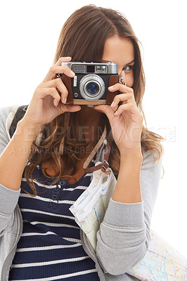 Buy stock photo Photography, camera and young woman in studio working on photoshoot with creativity. Career, art and female photographer student with media project for startup production business on white background
