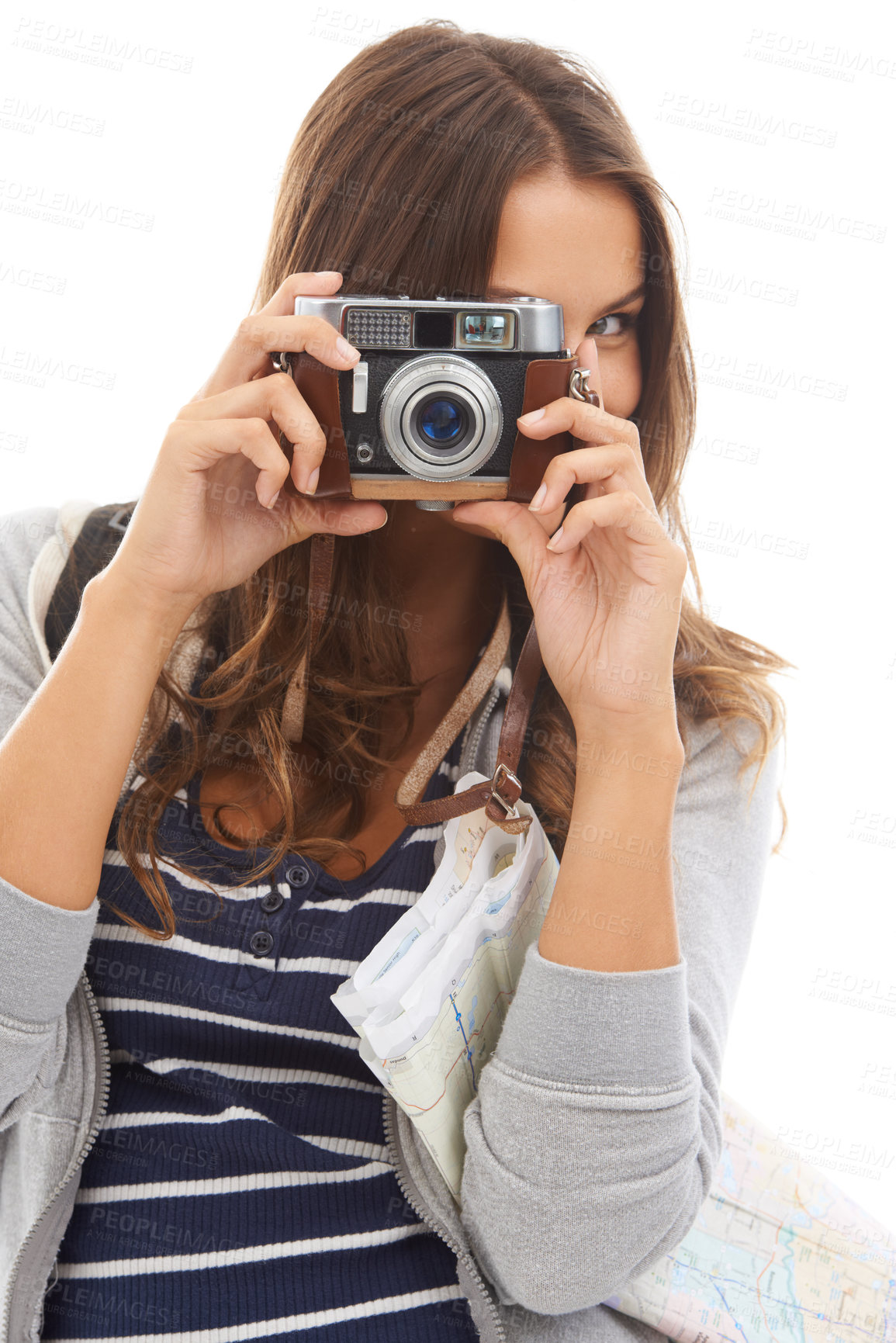 Buy stock photo Photography, camera and young woman in studio working on photoshoot with creativity. Career, art and female photographer student with media project for startup production business on white background