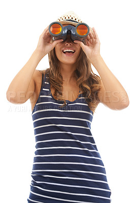 Buy stock photo A gorgeous young woman looking at something interesting with her binoculars - isolated