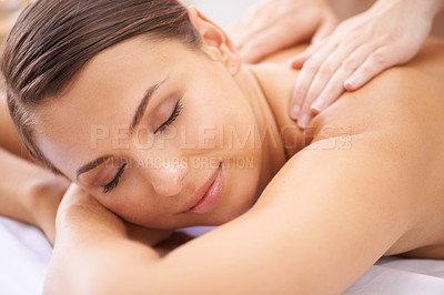 Buy stock photo Woman, face and massage at spa, shoulders and hands on masseur for aromatherapy and healing with wellness. Calm, beauty and skincare, body care and health, holistic treatment for zen or stress relief