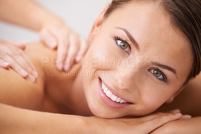 Buy stock photo Woman, happy portrait and back massage at spa for beauty, skincare and healing at cosmetics salon. Face, client and smile at wellness resort for acupressure, holistic therapy and shoulder treatment 