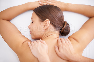 Buy stock photo Top of woman, back massage and hands of masseuse in spa, aromatherapy and healing with wellness. Calm, natural with skincare, body care and health, holistic treatment for zen or stress relief