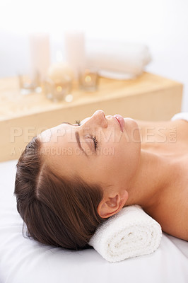Buy stock photo Woman, spa and relax for wellness and face, self care with aromatherapy or alternative medicine for peace and calm. Massage, luxury and zen with holistic healing and bodycare for stress relief