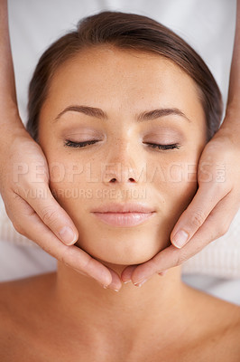 Buy stock photo Woman, spa or face massage from above for beauty, skincare treatment or dermatology at cosmetics salon. Calm client relax at wellness resort for reiki, facial acupressure or peaceful holistic therapy