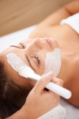 Buy stock photo Spa, face mask and woman with cream, dermatology and grooming with skincare, cleanse and detox. Female person, model and lady with organic facial, salon treatment and hygiene for clear and soft skin