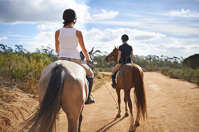 Buy stock photo People, horse and countryside for horseback riding in texas, rider and sport training for performance. Farm, rural and nature in outdoor, adventure and animal in gravel, pet care and dirt road
