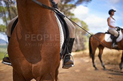 Buy stock photo People, horses and countryside for horseback riding in texas, strong and sport training. Farm, feet and stirrup in outdoor, adventure and animal livestock with jockey, pet care and dirt road
