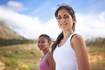 Buy stock photo Woman, friends and portrait in nature hiking for adventure workout, explore or fitness. Female people, face and forest for outdoor physical activity in countryside for trail running, cardio or fit