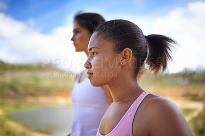 Buy stock photo Young woman, thinking or fitness in countryside for exercise in outdoor by trees and blue sky. Thought, girl and planning cardio workout in diversity, healthy and wellness with training in nature