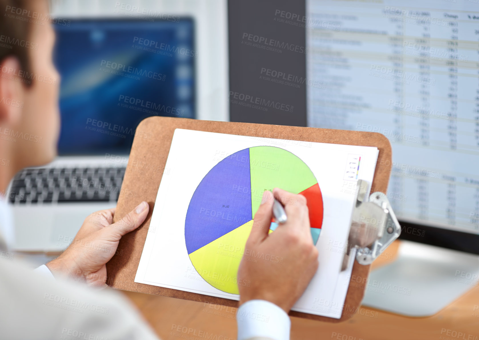 Buy stock photo Business man, pie chart and statistics for finance, data analysis and accounting management, planning revenue or budget. Corporate accountant or auditor on clipboard, computer screen and inspection