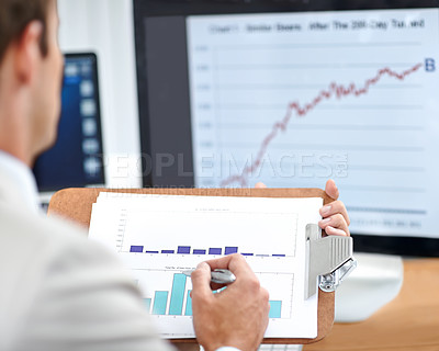 Buy stock photo Business person, documents and statistics on computer screen for data analysis, financial report and revenue review. Accountant or auditor with clipboard for graphs, charts and increase of profit