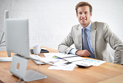 Buy stock photo Business man, accountant portrait and documents, calculator and paperwork for planning at office desk. Professional auditor or happy corporate worker with statistics for accounting data or budget