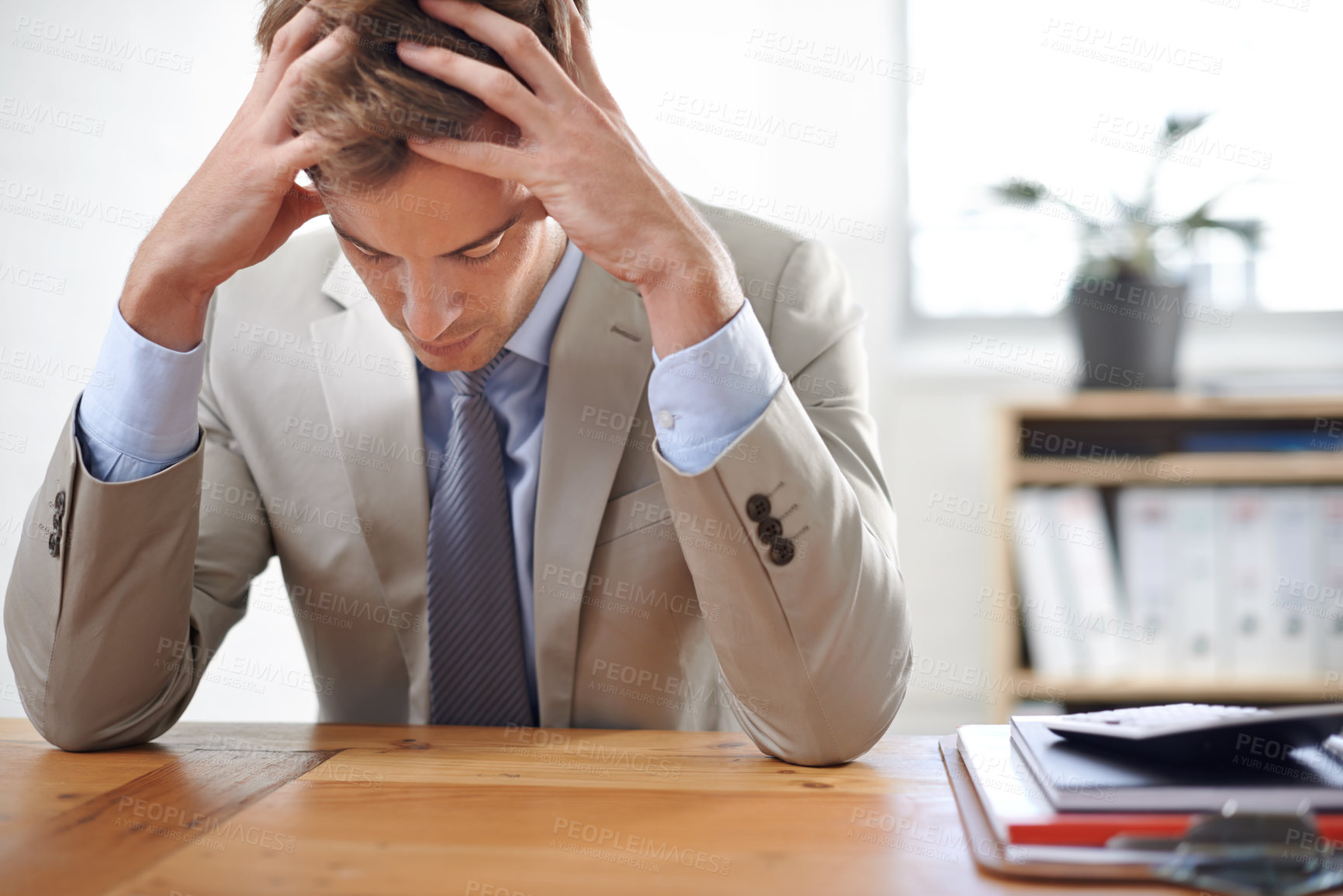 Buy stock photo Businessman, stress and burnout in office for work, mental health and bankrupt or overwhelmed. Male person, professional and frustrated in workplace, deadline and depression or mistake and fail