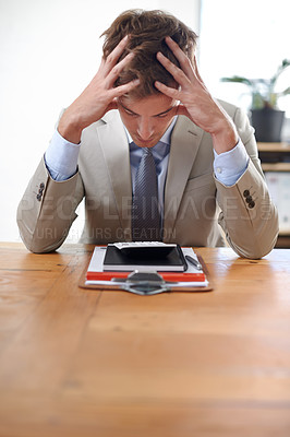 Buy stock photo Businessman, accountant and burnout or stress in office, mental health and bankrupt or overwhelmed. Male person, paperwork and frustrated in workplace, deadline and depression or mistake and fail