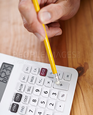 Buy stock photo Accountant, hands and top view of calculator on table for asset management, financial planning or investment. Auditor, above and closeup of working at desk with pencil for tax, income and business