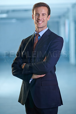 Buy stock photo Portrait, smile and business man with confidence for pride in corporate career in office. Face, arms crossed and happy professional lawyer, attorney and employee in a suit at a company in Australia