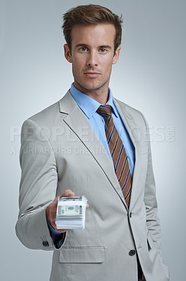 Buy stock photo Business man, money offer and payment for bribe, trade and POV deal in investment or exchange. Person or corporate worker giving cash for finance bonus, profit or scam risk on a white wall background