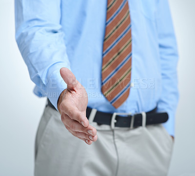 Buy stock photo Business man, handshake and offer for interview, introduction and welcome to deal, success or thank you. Professional person shaking hands in POV agreement and partnership on a white wall background