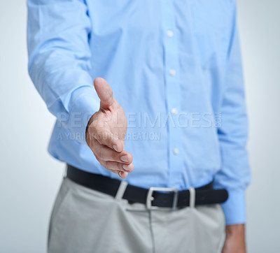 Buy stock photo Business person, shaking hands and offer for interview, introduction and welcome to deal, success or thank you. Professional handshake in POV agreement and partnership on a white wall background