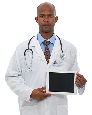 Buy stock photo Doctor, portrait and space on tablet screen in studio for advertising medical information, newsletter or telehealth feedback on white background. Black man, healthcare worker and digital presentation