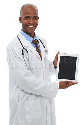 Buy stock photo Studio, black man and portrait of happy doctor with tablet screen, mockup UI space or online research. Medical information, healthcare and African surgeon show hospital website on white background