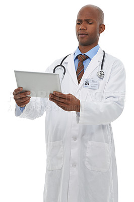 Buy stock photo Studio, black man and doctor reading tablet information of medical project, medicine report or online research data. Cardiology, healthcare or African surgeon with clinic feedback on white background